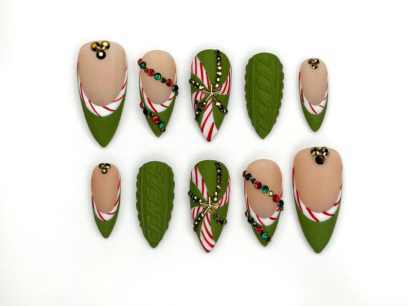 Candy Cane Christmas Press On Nails | Green Holiday Nails | Festive Long Nails | Gift For Her | Winter Party Nails| HB1189BC