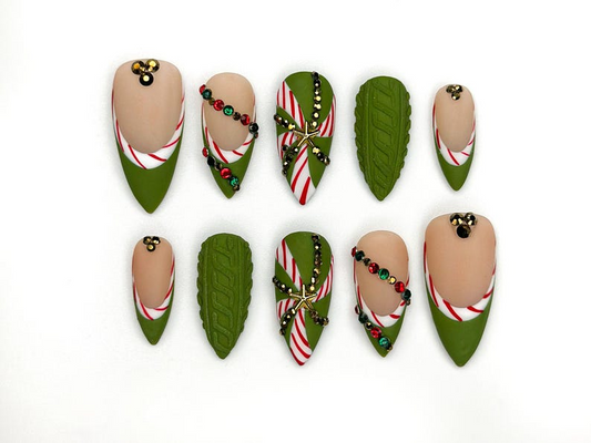 Candy Cane Christmas Press On Nails | Green Holiday Nails | Festive Long Nails | Gift For Her | Winter Party Nails| HB1189BC