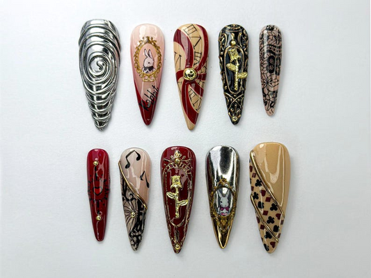 Alice in Wonderland Press-On Nails | Steampunk & Vintage-Inspired Set | White Rabbit Gothic Nail Set | Dark Fairytale Press-Ons | JB727HC