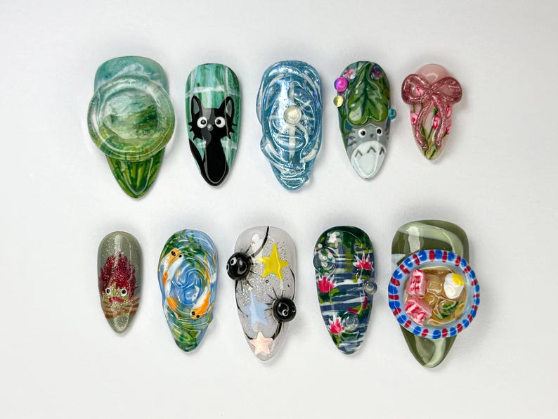 Cute Totoro-Inspired Press-On Nails | Studio-Inspired Press-On Nail Art | Handcrafted Anime Nail Design | Forest Spirit Nail Art | JB709HC