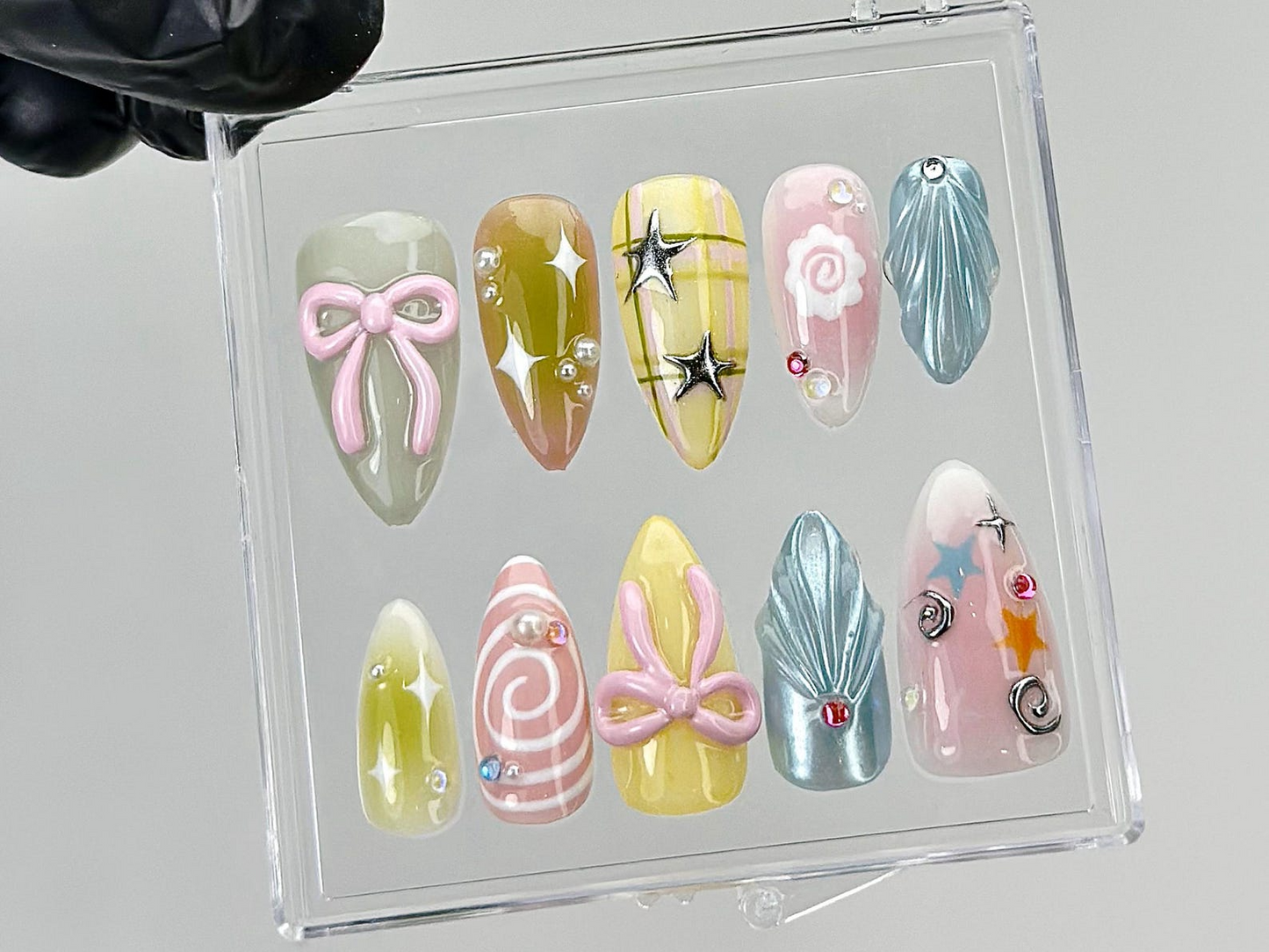 Pastel Star Bow Press On Nails | 3D Swirl & Ribbon Fake Nails | Celestial Pastel Nail Art | Kawaii Pastel Press Ons | Gift for Her | HB877YK