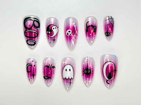 Cute Halloween Glow Press On Nails | Pink Spooky Ghost Nail Art | Glow in Dark Cat & Bat Nails | Adorable Halloween Press Ons | JC104HC