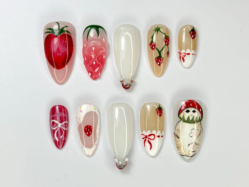 Cottagecore Strawberry Long Almond Nails | Cute Hand-Painted Fruit Nail Art | Strawberry & Cat Design | Kawaii Nail Set | JB701HK