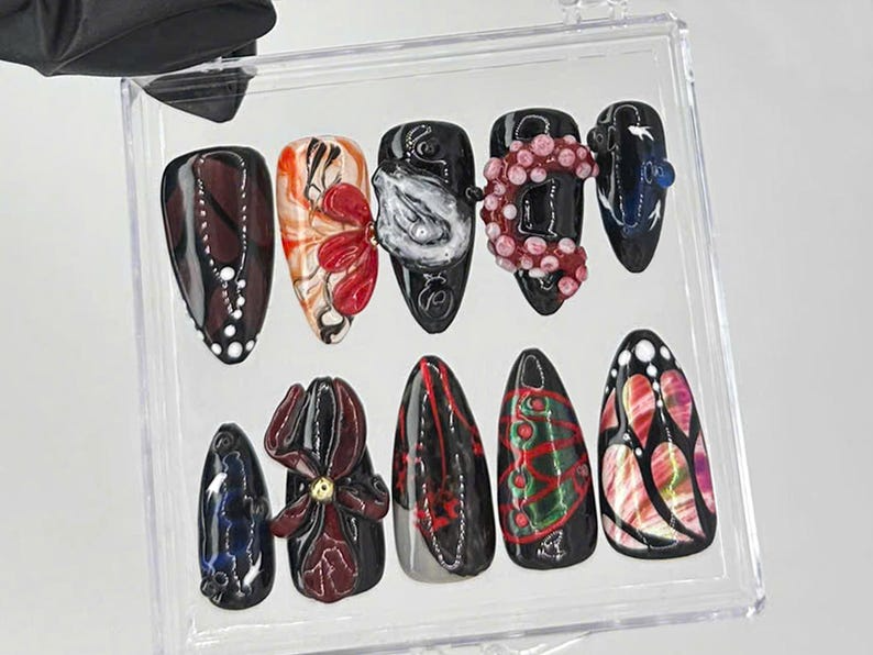 Gothic Luxury Almond Nails | Elegant Black, Red Nail Art | 3D Butterfly Gothic Fake Nails | Premium Gothic-Inspired Press Ons | HC721YC