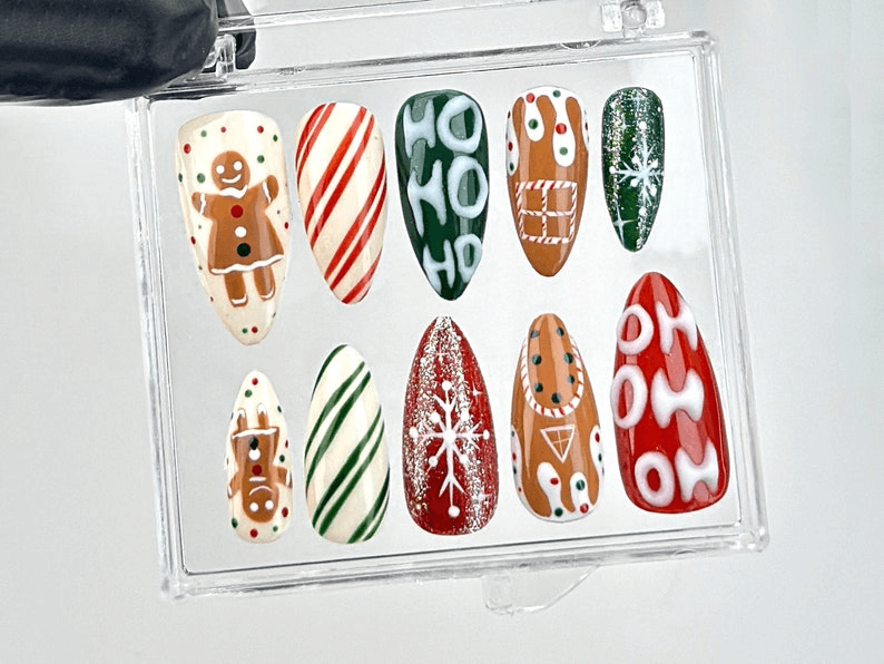 Christmas Party Press On Nails | Gingerbread Man & Holiday Stripes Nail Art | Snowflake Accents Acrylic Nails | Festive Nails | HB635YK