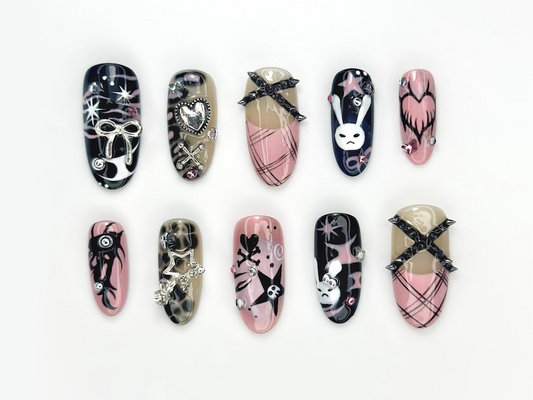 Gothic Bunny & Punk Heart Press On Nails | Y2K Alternative Nail Art | Pink Plaid, Stars And Skulls | Cute Bunny Gothic Vibes | HB1046EP