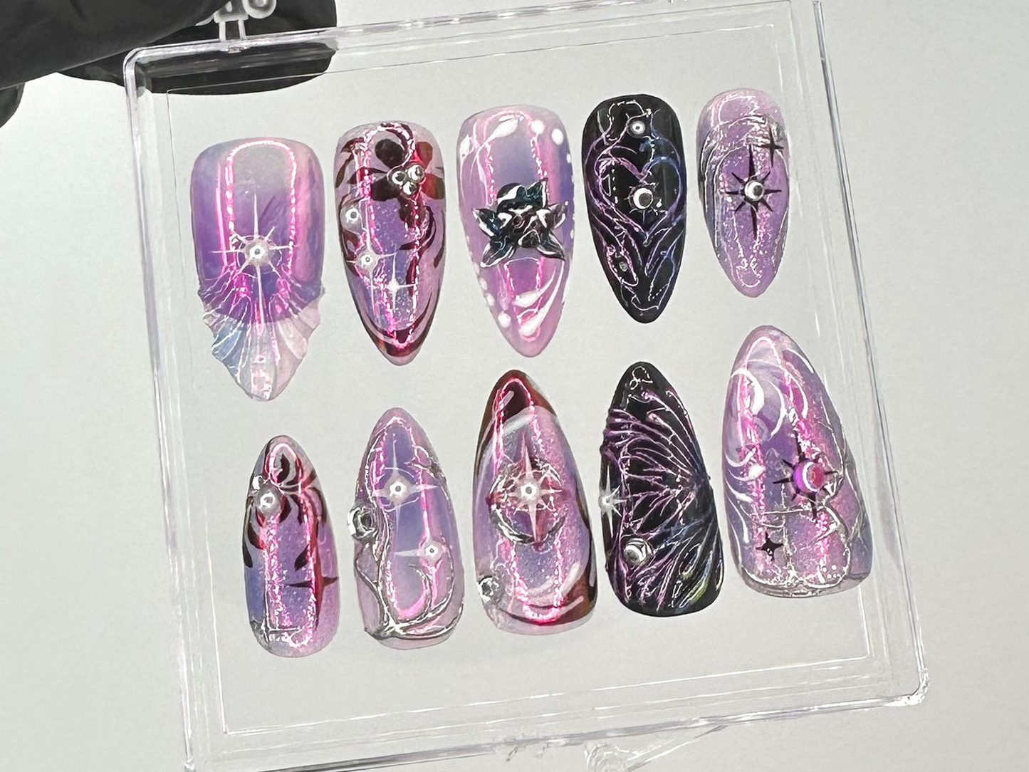 Purple Galaxy Fake Nails |Cosmic Purple Glitter Nail Art |Shiny Metallic Purple, Black Almond Nails |Rhinestone Purple False Nails | HB713YC