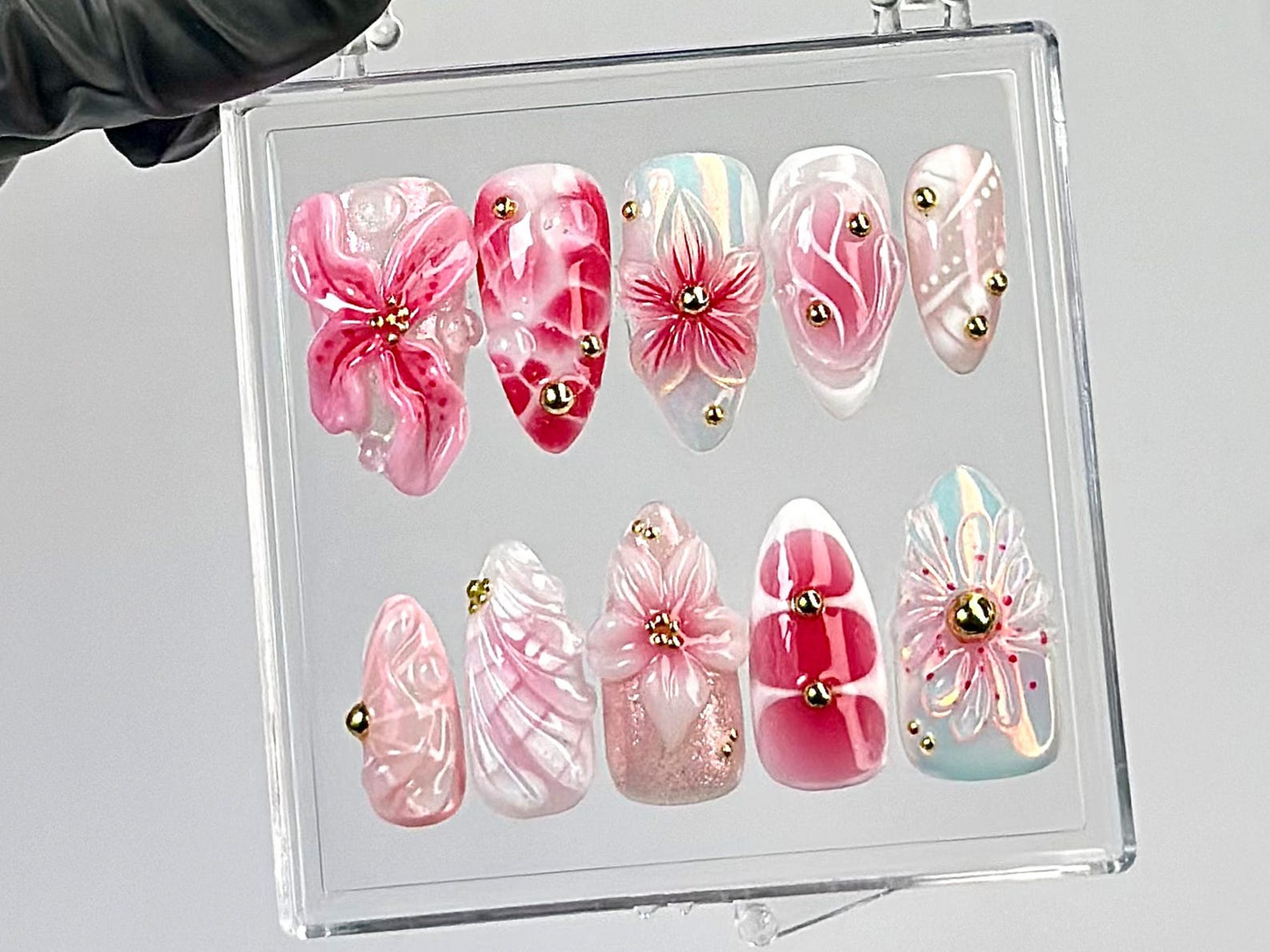 Romantic Pink Press On Nails | Soft Pink & White Ombre Press Ons | Elegant Floral Fake Nails | Luxe Pink Gradient Nail Art | Luxury |HB779YC