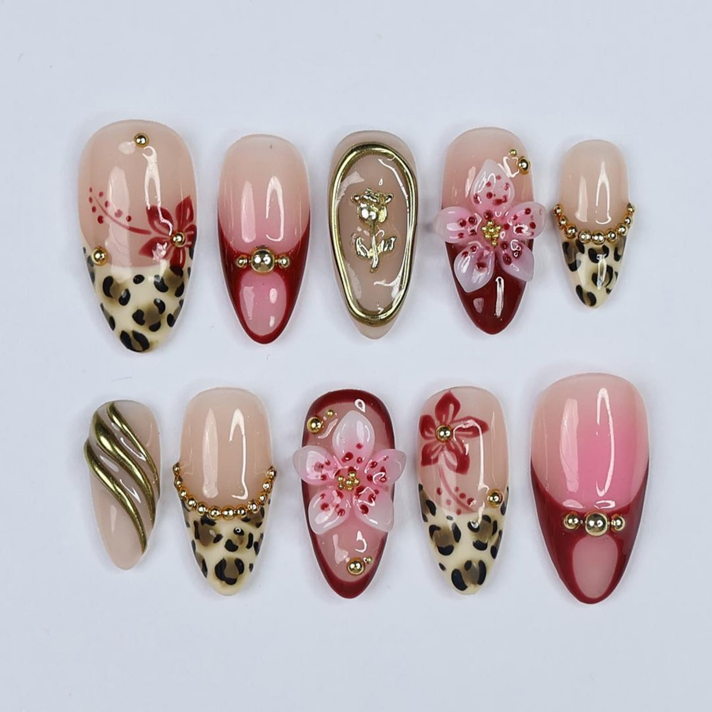 Chic Animal Print Almond Press On Nail with Gold Accents, 3D Red Floral Details, Handmade Nails for a Bold & Elegant Look or Gift for Her