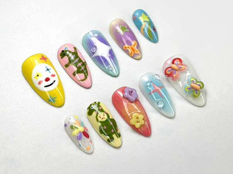 Whimsical Clown Press-On Nails | Hand-Painted Fantasy Nail Art | Bold & Bright Nail Set | Circus Clown Nails | Funky Festival Nail | JC697HK