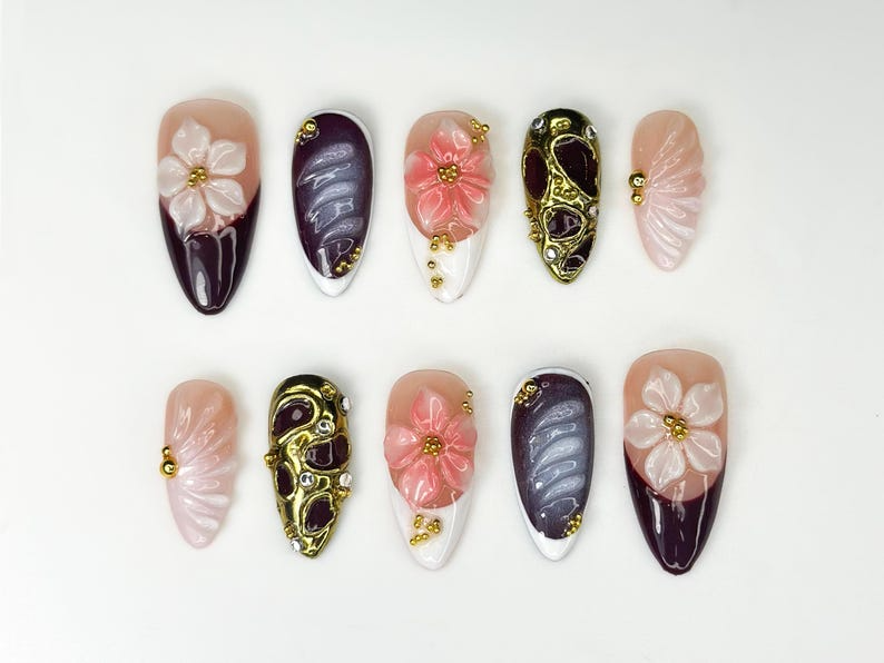 Burgundy Fall Press On Nails | 3D Pink & White Floral Nail Art | Handmade Statement Nail Design | Elegant Glam Press Ons | HC1086HK