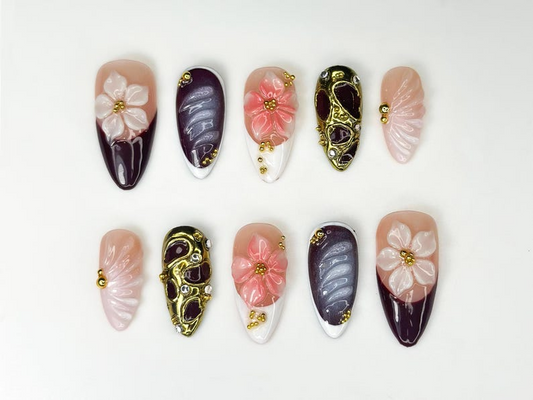 Burgundy Fall Press On Nails | 3D Pink & White Floral Nail Art | Handmade Statement Nail Design | Elegant Glam Press Ons | HC1086HK