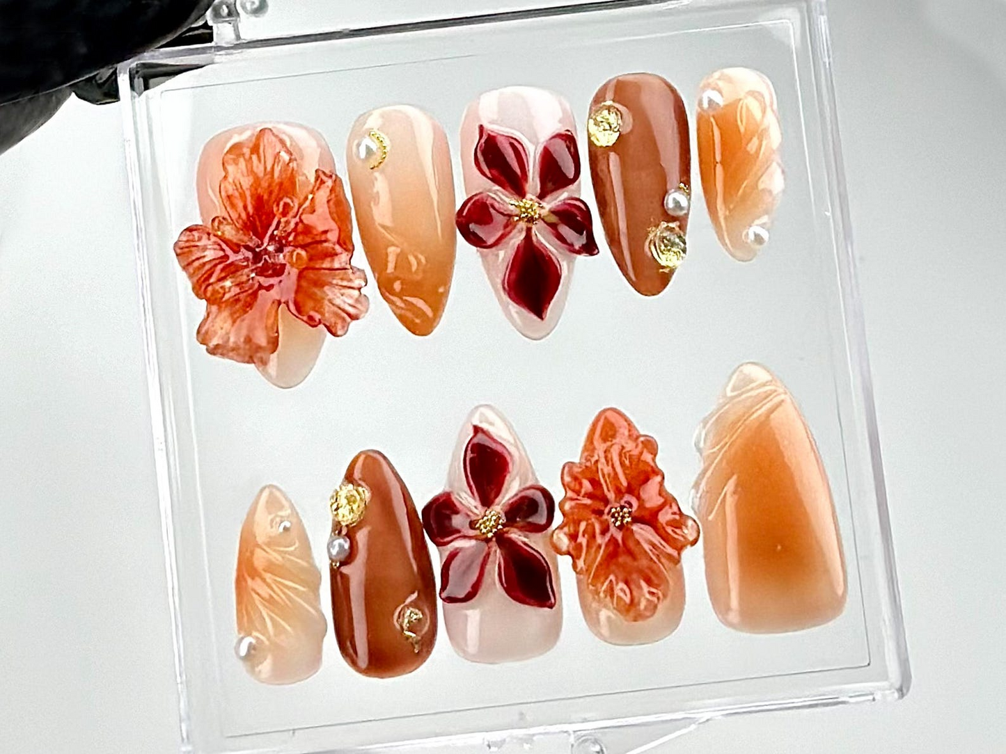 Elegant Fall Floral Press On Nails | Golden Orange Floral Nail Art | Autumn Bloom Fake Nails | Chic 3D Autumn Nail Polish | Stunning|HC677YC