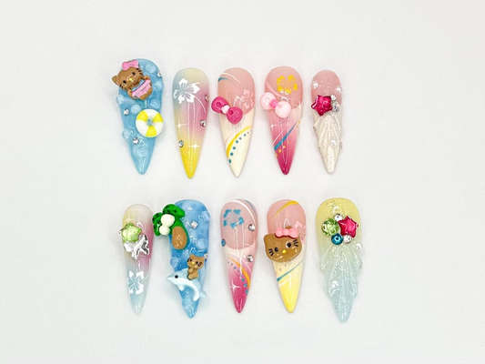 Kawaii Hello Kitty Press On Nails| 3D Tropical Nail Art | Cat & Plaid 3D Nail Set | Handmade Nail Set | Cute 3D Nail Art Design| JB619LC