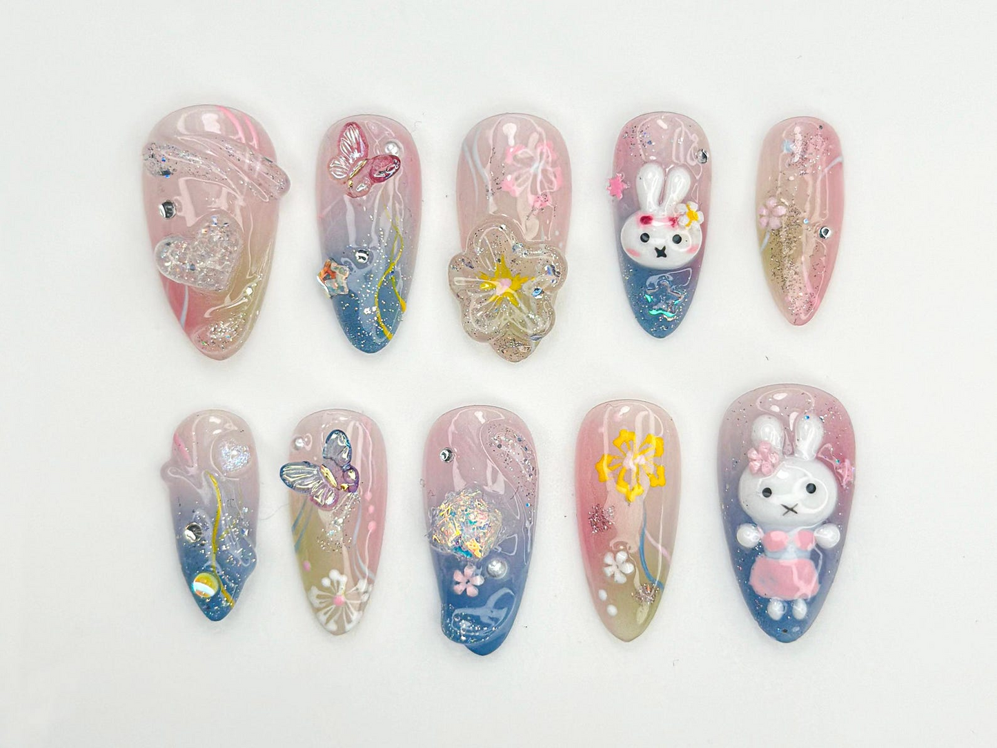 3D Bunny Pastel Press On Nails | 3D Rabbit & Butterfly Nail Art | Sparkly Cute Floral Nails | Ombre Pink Blue Press Ons | JC851HC