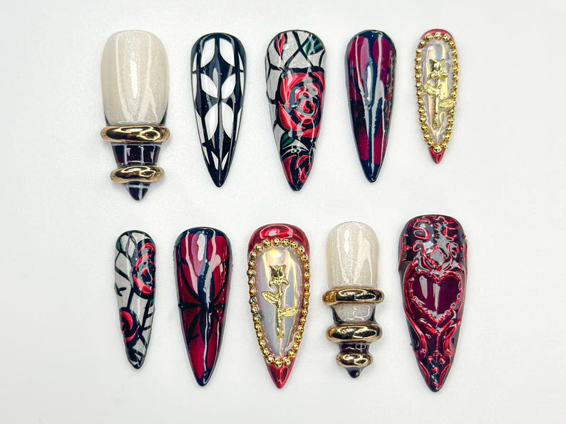 Gothic Rose Heart Press On Nails | 3D Black Red Gold Nails | Handmade Gothic Vampire Glam Nail Set | Black Stiletto Press Ons | JB775HC
