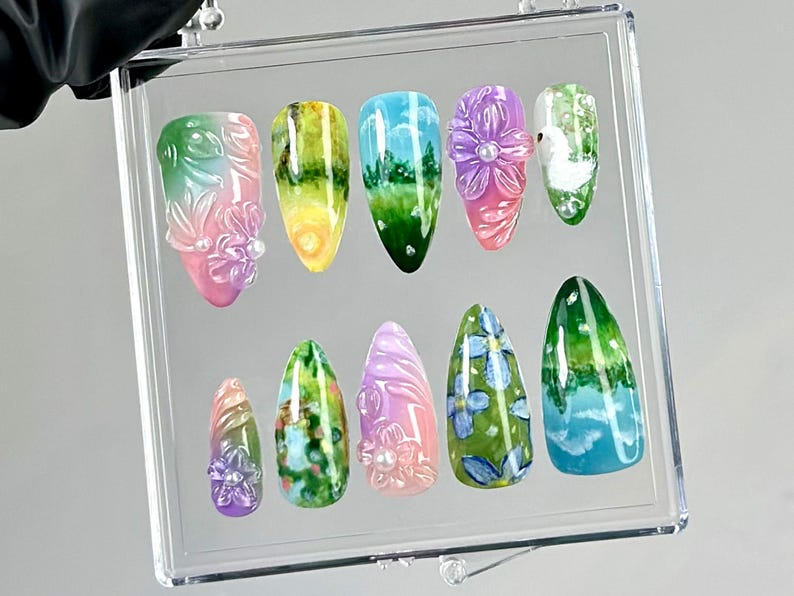 Watercolor Nature Press On Nails | Dreamy Forest Press Ons | Luxury Floral Fake Nails | Artistic Landscape Nail Art | Floral Nails | HB750YK
