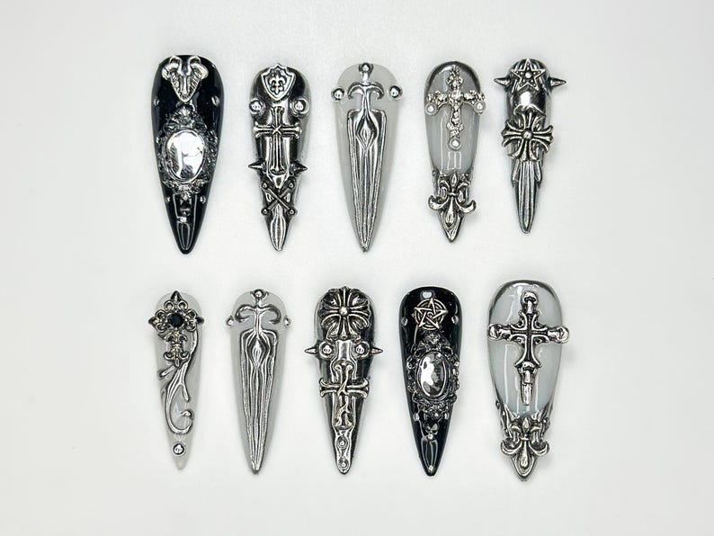 Gothic Silver Sword Press On Nails | 3D Cross & Dagger Nail Art | Handmade Dark Fantasy Nails | Medieval Armor Inspired Press Ons | JB159HK