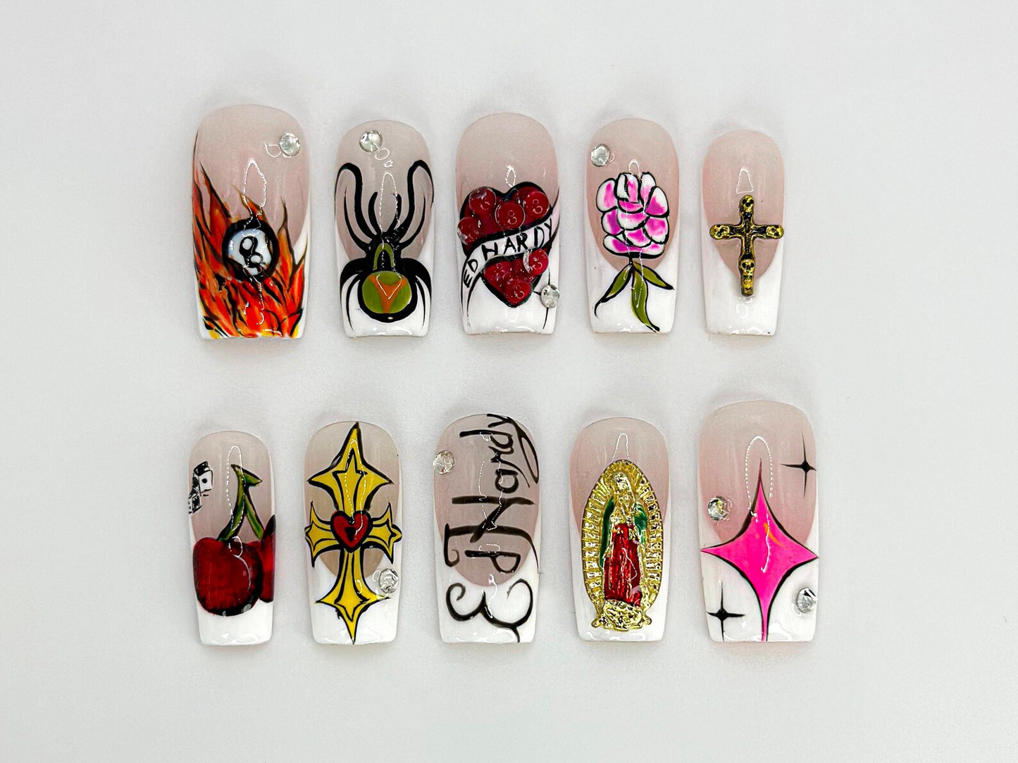 Old School Tattoo Press On Nails | Traditional Tattoo Nail Art | Rock And Roll Nails | Flame & Spider Design | Gothic Nail Set| JB674HK