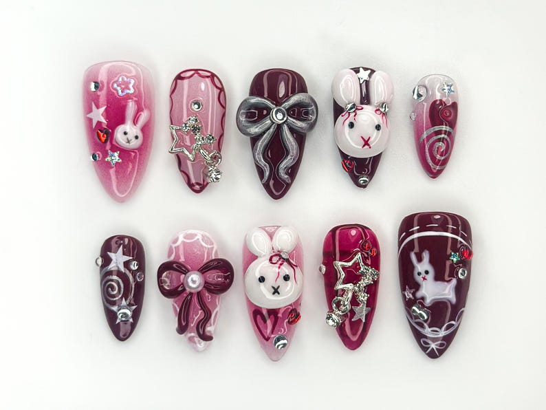 Merry Bunny Christmas Press On Nails | Red And Pink Festive Nail Art | 3D Bunny & Bow Charms | Starry Holiday Glam Nails | HB1177BC