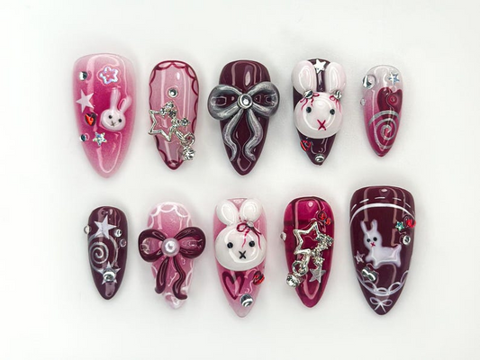 Merry Bunny Christmas Press On Nails | Red And Pink Festive Nail Art | 3D Bunny & Bow Charms | Starry Holiday Glam Nails | HB1177BC