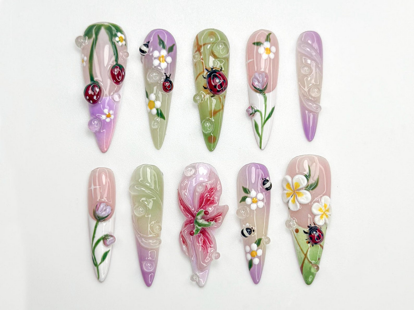 Pastel 3D Ladybug Press On Nails | 3D Floral Garden Nail Art | Cute Spring Nature Nails | Whimsical Bug Nail | Garden Bloom Design | JB800HC