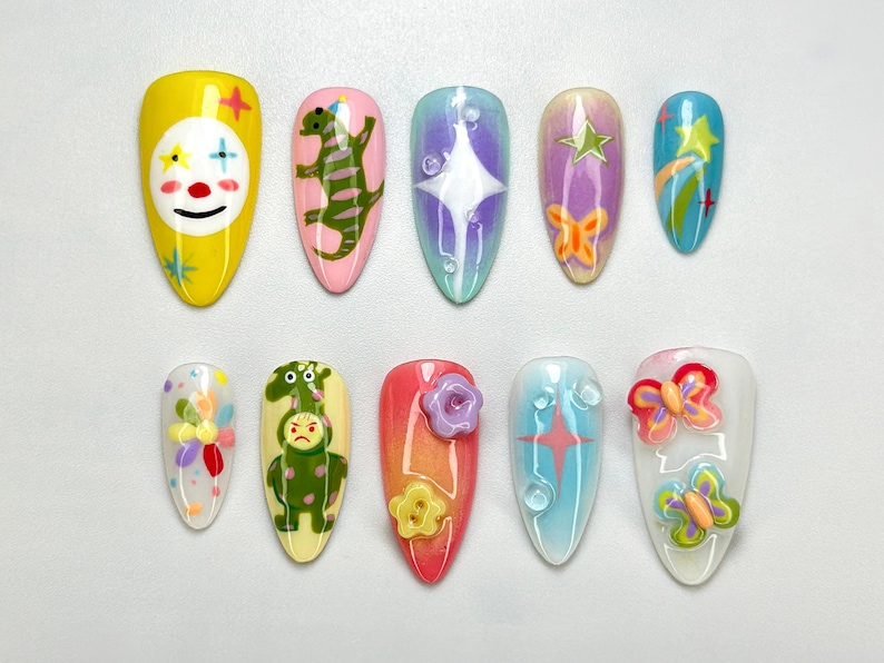 Whimsical Clown Press-On Nails | Hand-Painted Fantasy Nail Art | Bold & Bright Nail Set | Circus Clown Nails | Funky Festival Nail | JC697HK