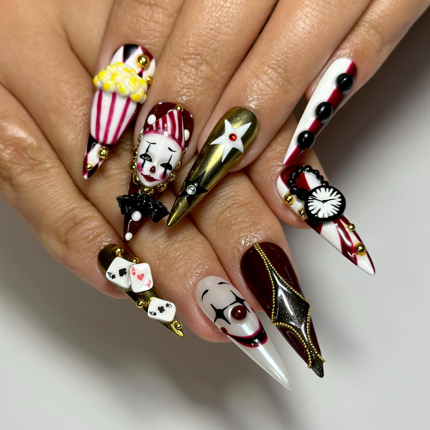 Halloween Circus Press On Nails | Spooky Clown Faces Nail Art | Gothic Harlequin Fake Nails | 3D Popcorn & Casino Press Ons | DB729YC