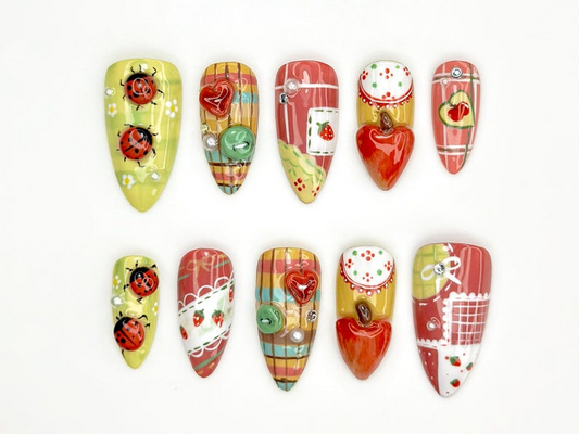 Ladybug, Strawberry Press On Nails | Vintage Strawberry Nail Art |3D Fruit & Plaid Design Nails |Summer Fruit Press Ons |Cute Nails |JB835YK