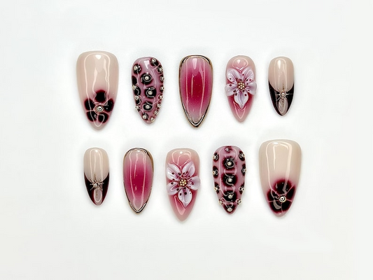 Fall Burgundy Gradient Press On Nails | Blossom Charm Nails | 3D Flower & Gold Accent Nail Art | Autumn Floral Design | JB179EC