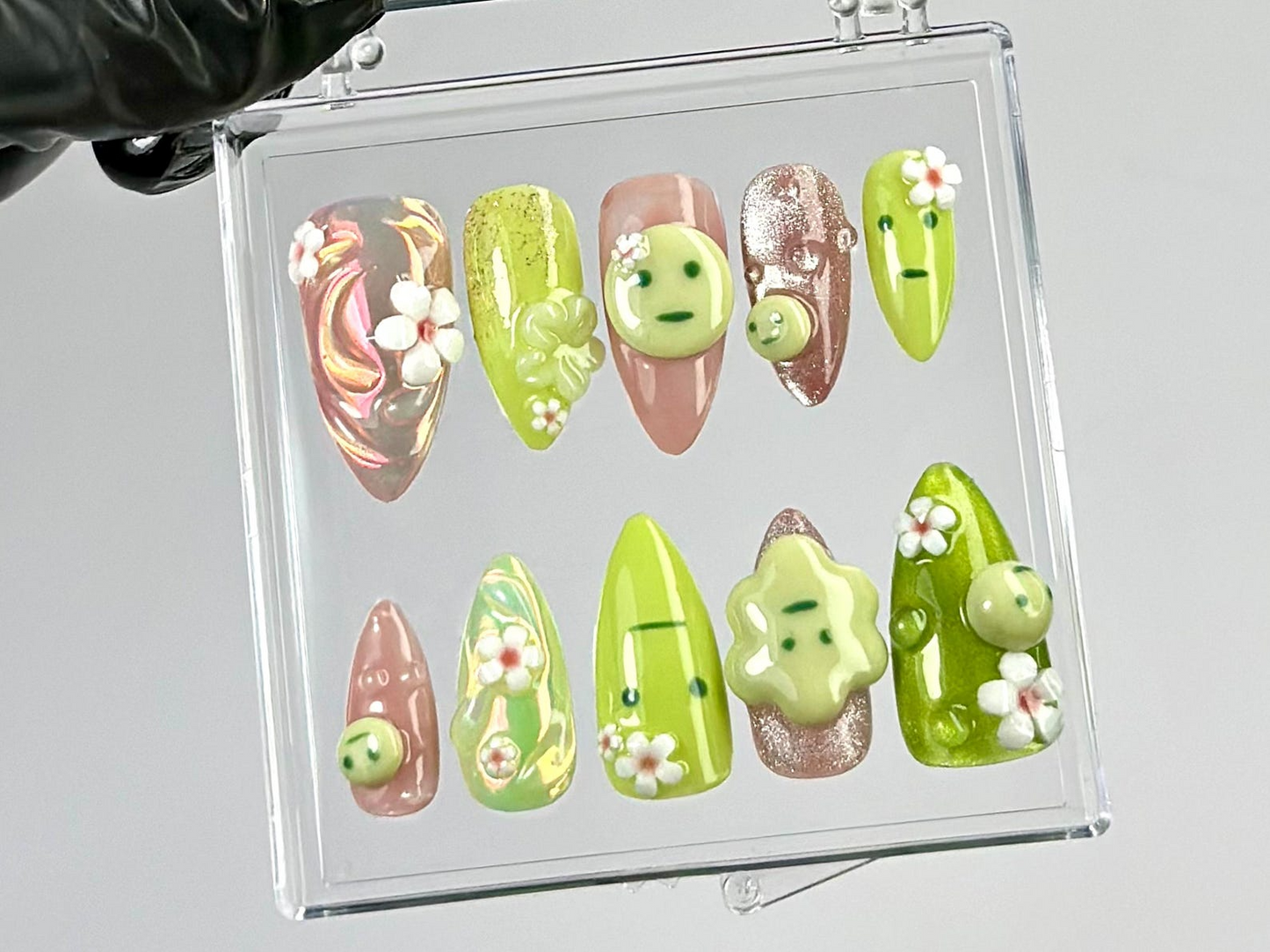 Kawaii Green Press On Nails by Hudi Nails | Green & Pink 3D Nail Art | Whimsical 3D Fake Nails | Kawaii Nails with Flowers | Gifts | HC790YK
