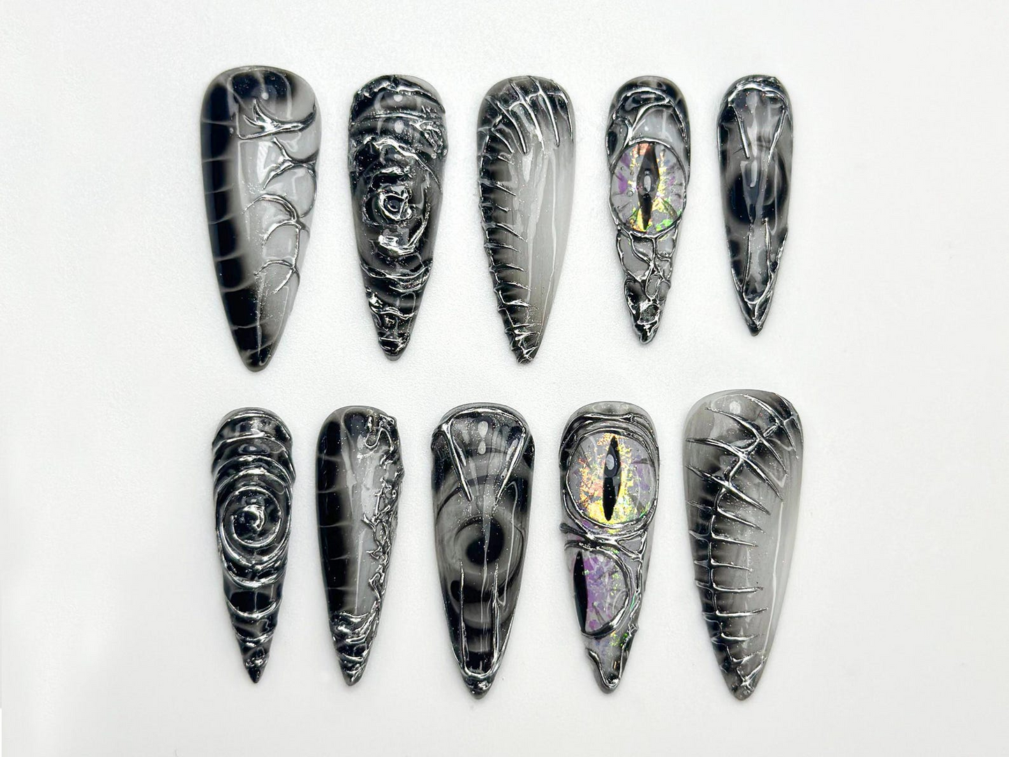 Dragon Gothic Press On Nails | Black 3D Nail Art | Dark Mystic Scale Nails | Handmade Dragon Claw Press Ons | Unique Fantasy Nails | JB801HC
