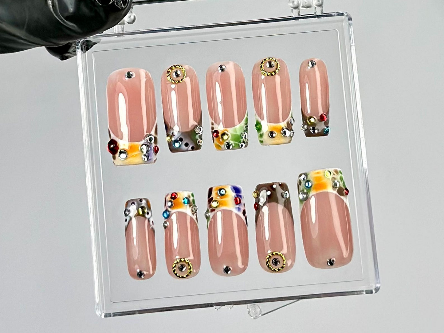 Glam Rhinestone Press On Nails by HudiNails | Nude & Colorful Gem Nail Set |Nude with Sparkle Gems Nail Art |French Tips Fake Nails|HC789YK
