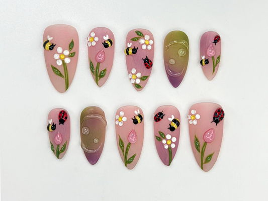 Bee & Ladybug Garden Press On Nails | Spring Floral Tulip Nail Art | Pastel Ombre Flower Nail Design | Cute Garden Insect Nails | JC826HC