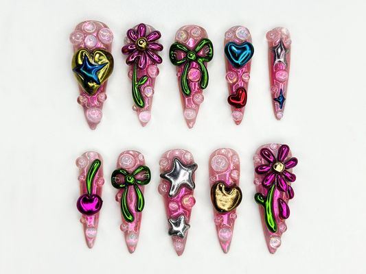 Metallic Bubble Press On Nails | 3D Y2K Chrome Star Heart Nails | Funky Cute Cherry Bow Nail Art | Iridescent Pink Press On Set | JB815HK