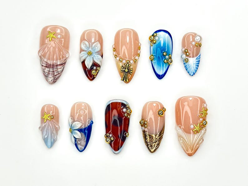 Seashell Press On Nails | Starfish Beach Nails | Summer Ocean Nail Art | Handmade 3D Flower Nails | Vacation Nail Set | JC1138BC