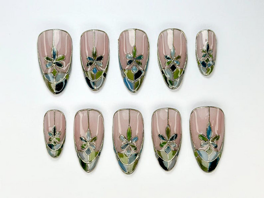 Stained Glass Floral Press On Nails | Neutral Floral Press Ons | Nude & Metallic Fake Nails |Elegant Bridal Nail Art |Wedding Nails |HB778YC