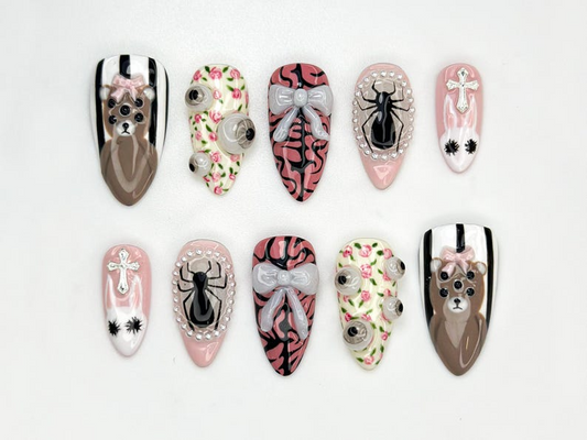 Creepy Cute Teddy Press On Nails | 3D Bear & Bow Nails | Gothic Pastel Floral Nail Art | Soft Horror Pink Press Ons | JB907HC