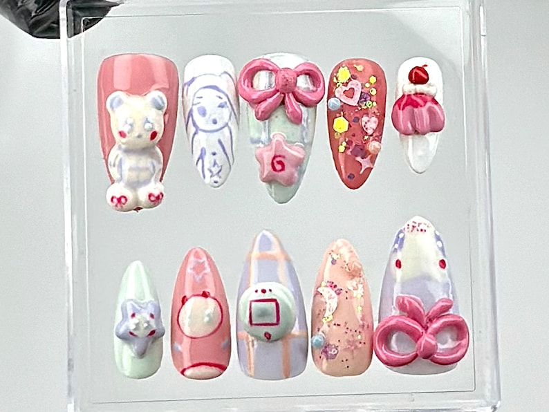 Adorable Kawaii Teddy Bear Press On Nails | Hand-Painted Pastel 3D Fake Nails | Whimsical Nail Polish | Cute Nail Set Acrylic Nails |HC670YC