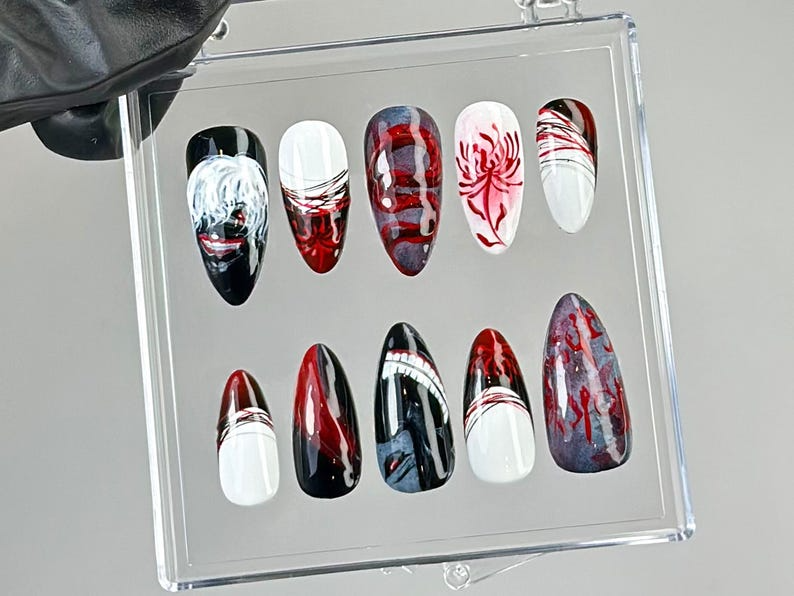 Anime-Inspired Press On Nails | Horror Anime Press Ons | Blood Drip Gothic Fake Nails | Gothic Vampire Nail Art | Custom Nails | HB774YC