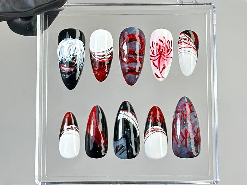Anime-Inspired Press On Nails | Horror Anime Press Ons | Blood Drip Gothic Fake Nails | Gothic Vampire Nail Art | Custom Nails | HB774YC