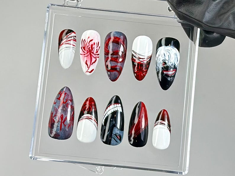 Anime-Inspired Press On Nails | Horror Anime Press Ons | Blood Drip Gothic Fake Nails | Gothic Vampire Nail Art | Custom Nails | HB774YC