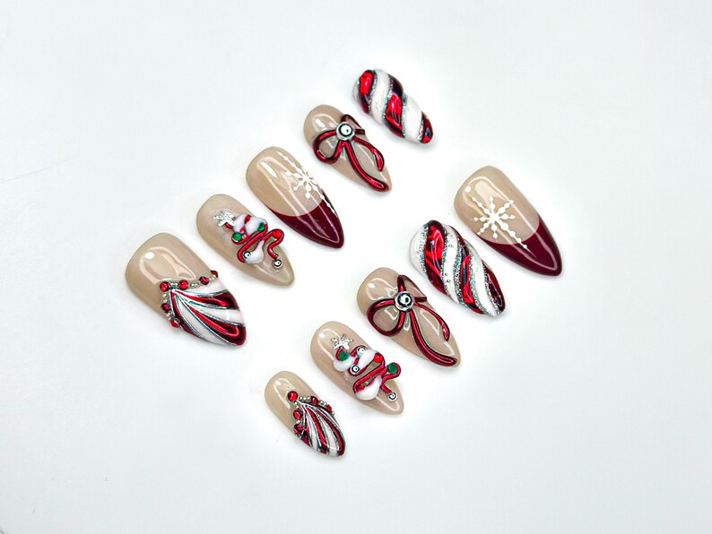 Christmas Candy Cane Press On Nails by DoryNails • Red Chrome Bow & Snowflake Nail Art • Holiday Party Nails • Gift for Her • HB1188BC