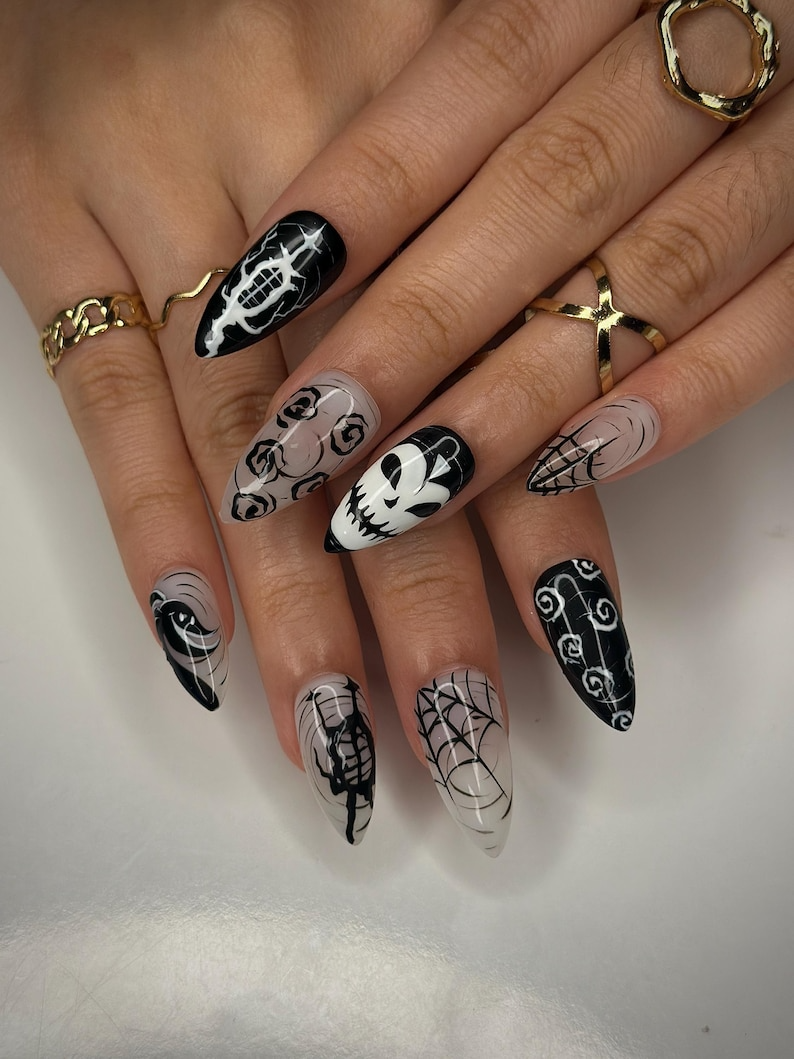 Gothic Skull Halloween Press On Nails | Black & White Creepy Nail Art | Halloween Horror Inspired | Unique Gothic Nail Set| JB150HC