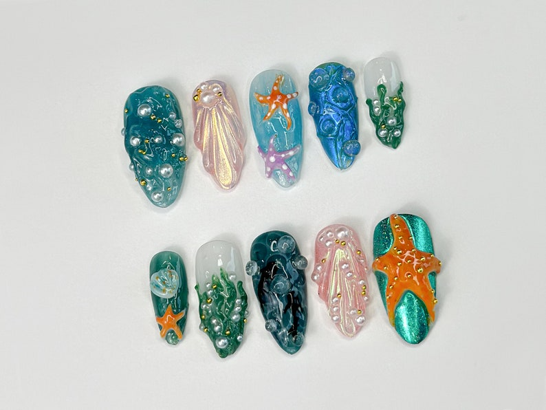 3D Tropical Beach Press On Nails | Ocean-Themed with Seaweed, Seashells, and Starfish | Handmade Press On Nails | JB316SL