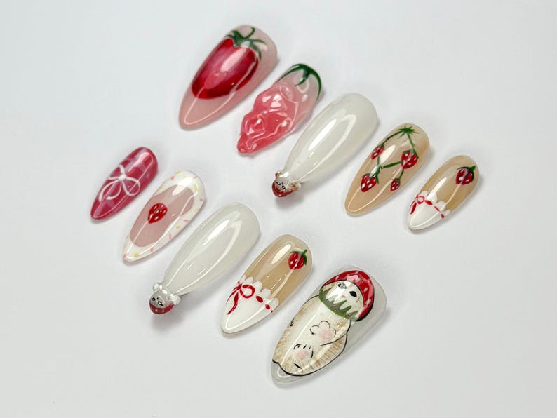 Cottagecore Strawberry Long Almond Nails | Cute Hand-Painted Fruit Nail Art | Strawberry & Cat Design | Kawaii Nail Set | JB701HK