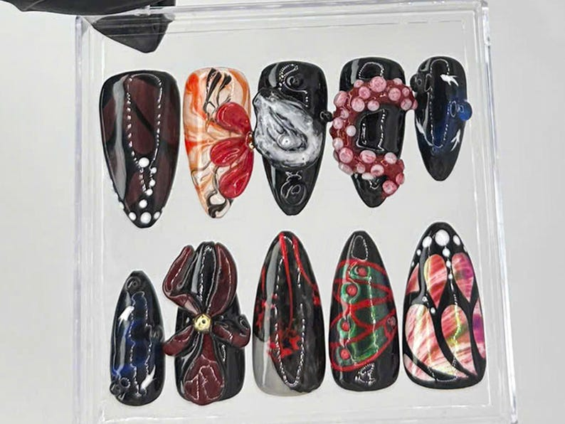 Gothic Luxury Almond Nails | Elegant Black, Red Nail Art | 3D Butterfly Gothic Fake Nails | Premium Gothic-Inspired Press Ons | HC721YC