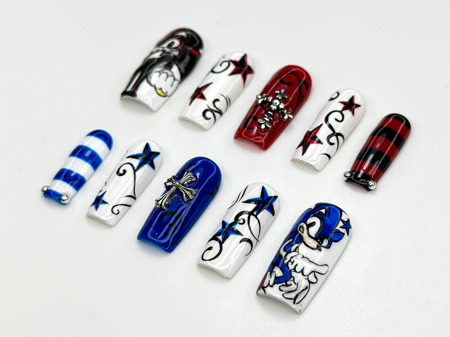 Sonic vs Shadow Press On Nails | Red & Blue Star Nails | Edgy Cartoon Gaming Nail Art | Character Nails | Sonic Inspired Press Ons | JB812HC