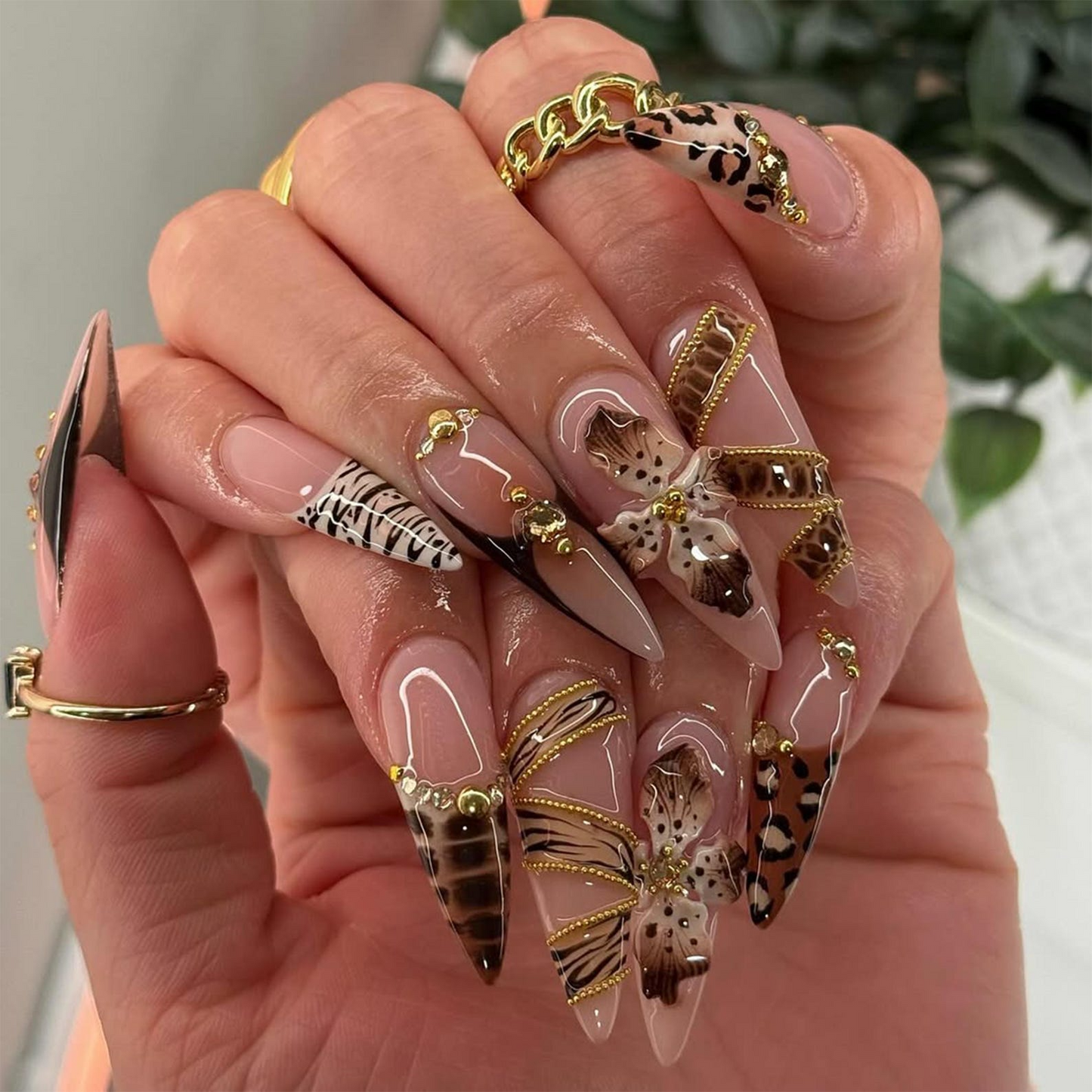 Leopard Gold Floral Press On Nails | 3D Animal Print Nail Art | Golden Bead Glam Nails | Handmade Exotic Press Ons | Fashion Nails | JC841H