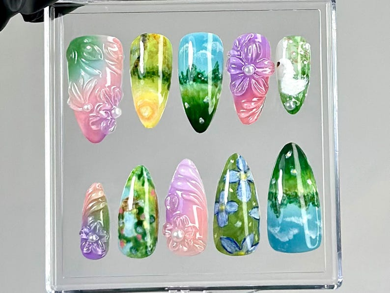 Watercolor Nature Press On Nails | Dreamy Forest Press Ons | Luxury Floral Fake Nails | Artistic Landscape Nail Art | Floral Nails | HB750YK